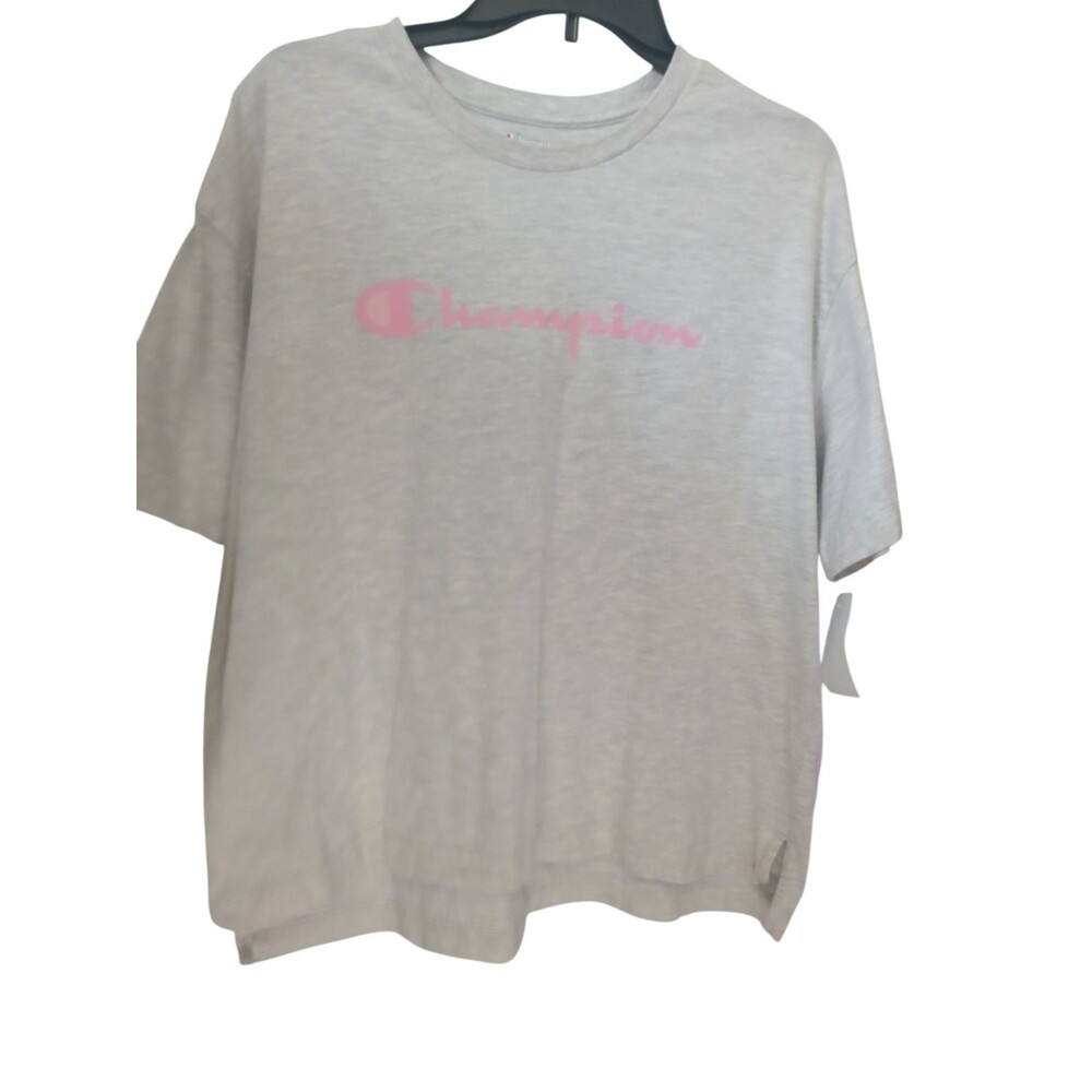 Champion Gray T Shirt Size L Pink Logo Casual Graphic Tee